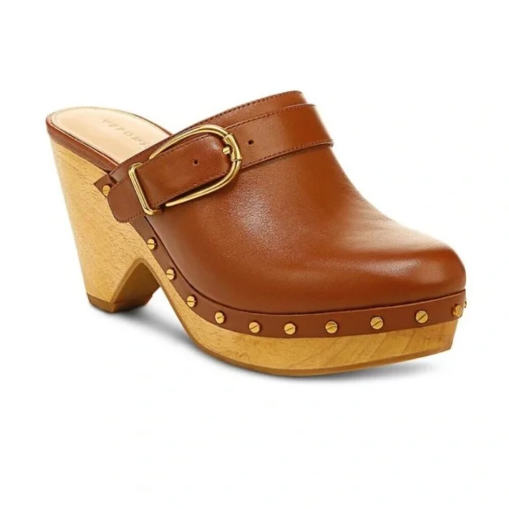 Veronica Beard Brown Leather Mules with Gold Accents